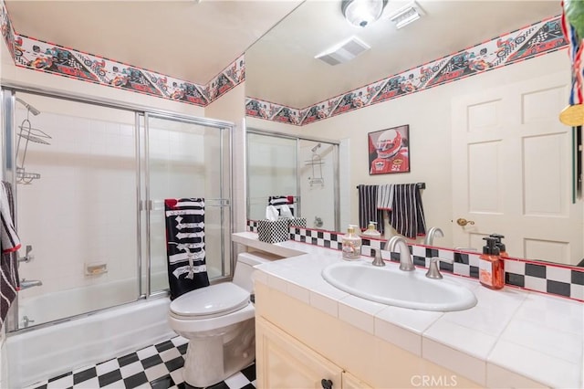3541 Westfall Dr, Encino, CA 91436 - full bathroom with tile patterned floors, enclosed tub / shower combo, and vanity