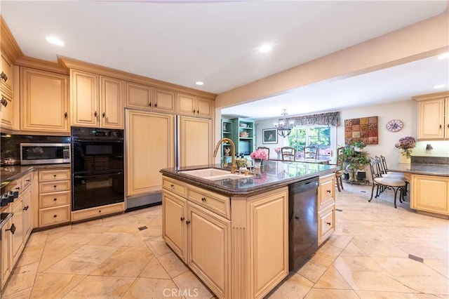 3541 Westfall Dr, Encino, CA 91436 - kitchen with black appliances, a chandelier, recessed lighting, cream cabinets, and backsplash
