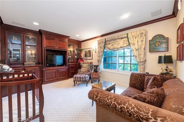 3541 Westfall Dr, Encino, CA 91436 - living room featuring light colored carpet, crown molding, and recessed lighting