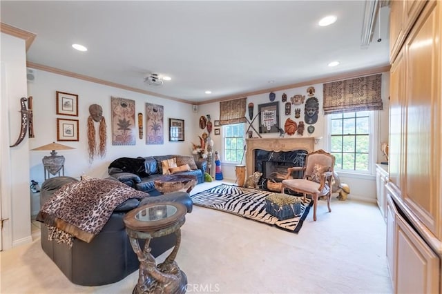 3541 Westfall Dr, Encino, CA 91436 - carpeted living area with ornamental molding, plenty of natural light, recessed lighting, and a premium fireplace