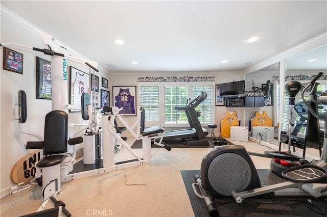3541 Westfall Dr, Encino, CA 91436 - exercise room with ornamental molding, carpet flooring, and recessed lighting