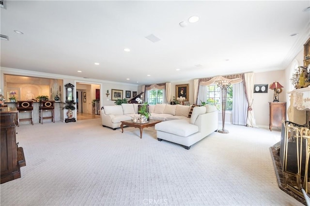 3541 Westfall Dr, Encino, CA 91436 - carpeted living room featuring ornamental molding and recessed lighting