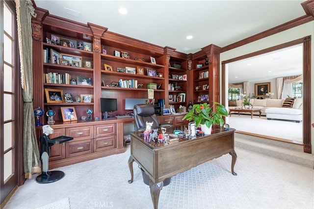 3541 Westfall Dr, Encino, CA 91436 - office space with light carpet, built in desk, crown molding, and recessed lighting