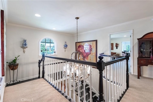 3541 Westfall Dr, Encino, CA 91436 - corridor featuring an upstairs landing, carpet, ornamental molding, and recessed lighting