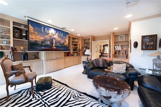 3541 Westfall Dr, Encino, CA 91436 - living area with built in shelves, carpet, and recessed lighting