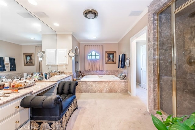 3541 Westfall Dr, Encino, CA 91436 - bathroom featuring a bath, a shower stall, vanity, ornamental molding, and recessed lighting