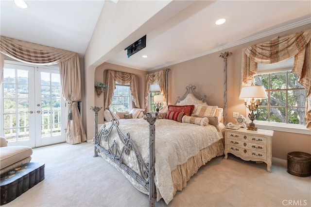 3541 Westfall Dr, Encino, CA 91436 - bedroom with light colored carpet, access to outside, recessed lighting, french doors, and crown molding