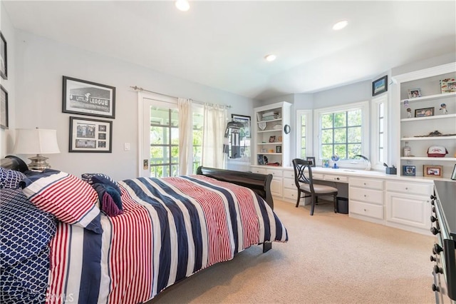 3541 Westfall Dr, Encino, CA 91436 - bedroom featuring light carpet, access to outside, built in study area, and recessed lighting