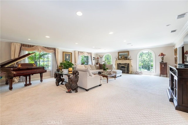 3541 Westfall Dr, Encino, CA 91436 - living area featuring light carpet, ornamental molding, a glass covered fireplace, and recessed lighting