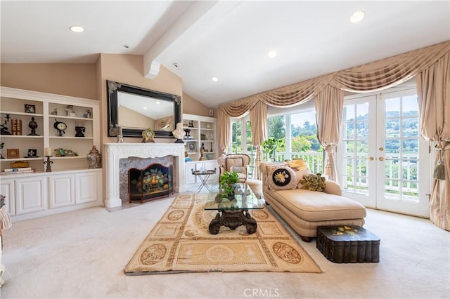 3541 Westfall Dr, Encino, CA 91436 - living area featuring carpet floors, french doors, a premium fireplace, and recessed lighting