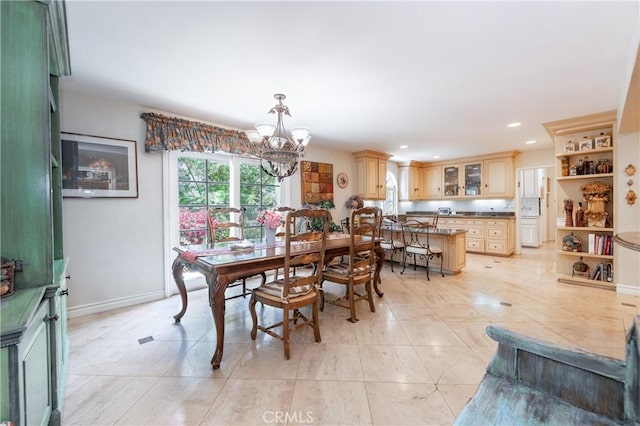 3541 Westfall Dr, Encino, CA 91436 - dining space with a chandelier, light tile patterned floors, and recessed lighting