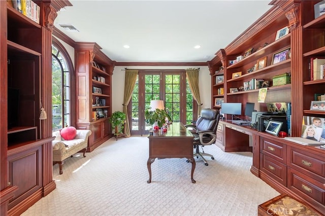 3541 Westfall Dr, Encino, CA 91436 - home office with ornamental molding, light carpet, and recessed lighting