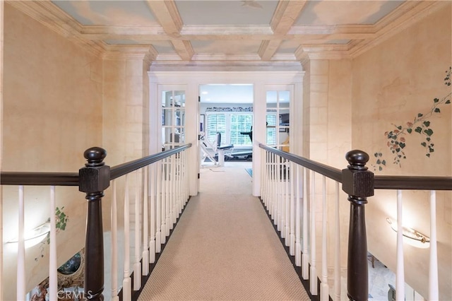 3541 Westfall Dr, Encino, CA 91436 - hallway featuring ornamental molding, an upstairs landing, coffered ceiling, beam ceiling, and carpet flooring
