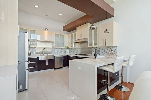 2623 Carnegie Ln, Redondo Beach, CA 90278 - kitchen featuring stainless steel appliances, under cabinet range hood, a peninsula, light countertops, and decorative backsplash