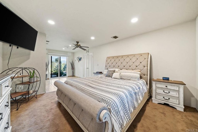 3204 Via Caliente Del Sol, Jamul, CA 91935 - bedroom featuring light colored carpet, access to exterior, recessed lighting, and ceiling fan