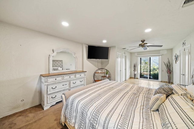 3204 Via Caliente Del Sol, Jamul, CA 91935 - bedroom with access to exterior, recessed lighting, light carpet, and a ceiling fan