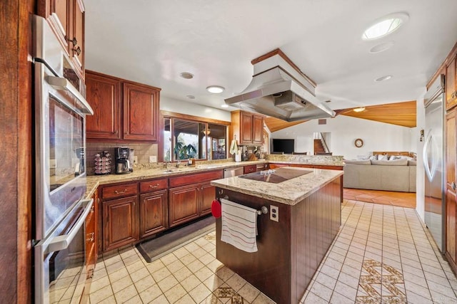 3204 Via Caliente Del Sol, Jamul, CA 91935 - kitchen featuring appliances with stainless steel finishes, open floor plan, decorative backsplash, light tile patterned flooring, and recessed lighting