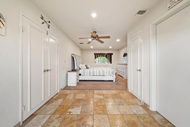 3204 Via Caliente Del Sol, Jamul, CA 91935 - bedroom featuring stone tile floors, recessed lighting, light colored carpet, and ceiling fan