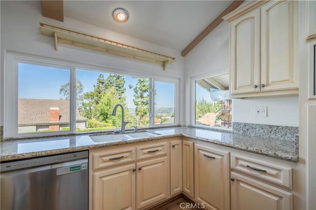 2239 Maystone Pl, Rowland Heights, CA 91748 - kitchen with stainless steel dishwasher, beam ceiling, and light stone counters