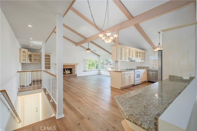 2239 Maystone Pl, Rowland Heights, CA 91748 - kitchen featuring stainless steel appliances, a ceiling fan, a chandelier, a peninsula, and beamed ceiling