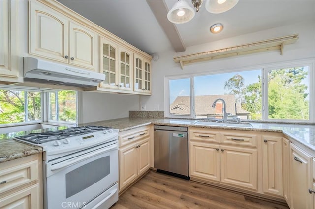 2239 Maystone Pl, Rowland Heights, CA 91748 - kitchen with dishwasher, white gas range, under cabinet range hood, beamed ceiling, and glass insert cabinets