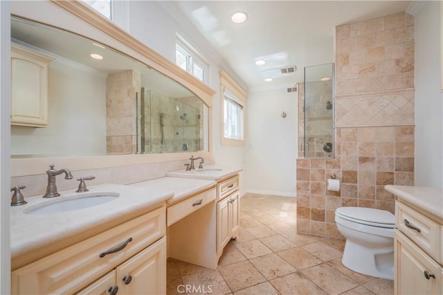 2239 Maystone Pl, Rowland Heights, CA 91748 - bathroom with double vanity, a walk in shower, recessed lighting, and crown molding