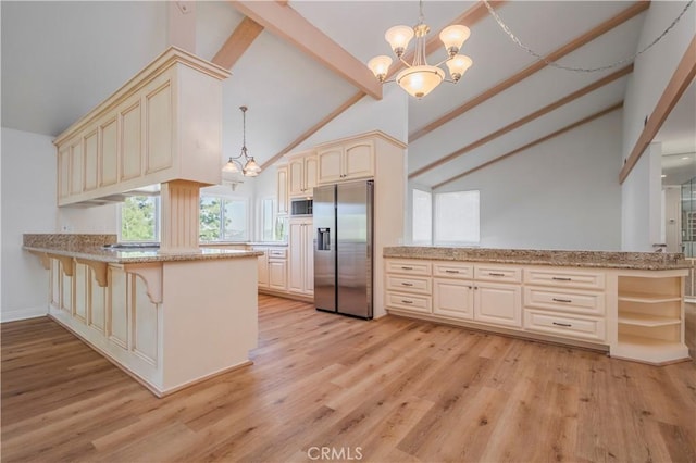2239 Maystone Pl, Rowland Heights, CA 91748 - kitchen featuring stainless steel appliances, a chandelier, a peninsula, beam ceiling, and light wood-style floors