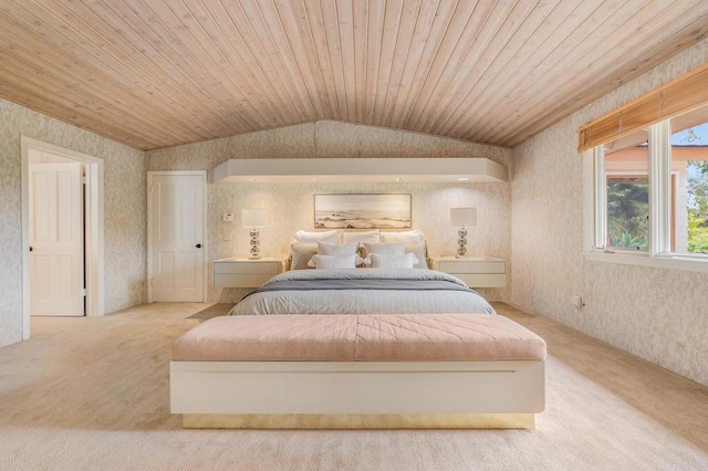 4678 Sun Vly, Del Mar, CA 92014 - carpeted bedroom featuring wallpapered walls, vaulted ceiling, and wood ceiling