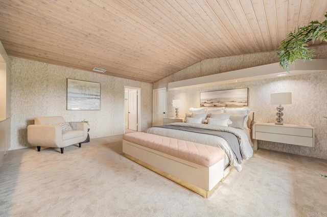 4678 Sun Vly, Del Mar, CA 92014 - carpeted bedroom with wood ceiling, vaulted ceiling, and wallpapered walls