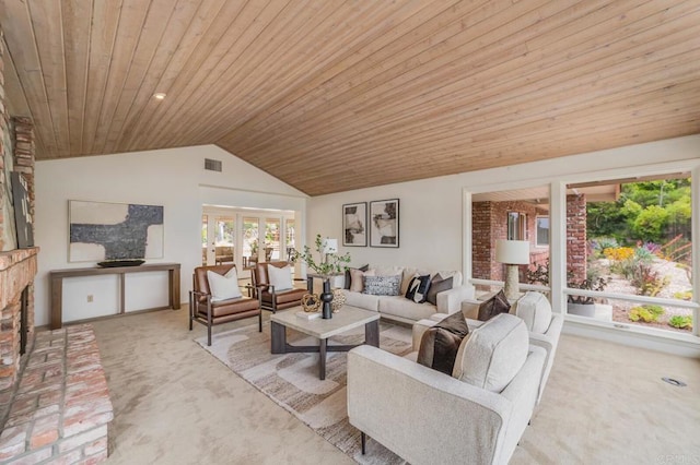 4678 Sun Vly, Del Mar, CA 92014 - living area featuring carpet flooring, wood ceiling, and vaulted ceiling