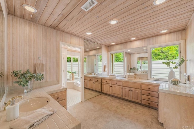 4678 Sun Vly, Del Mar, CA 92014 - full bath with wooden ceiling, vanity, a garden tub, plenty of natural light, and recessed lighting