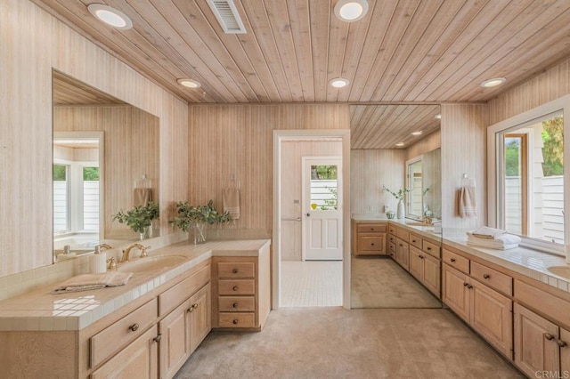 4678 Sun Vly, Del Mar, CA 92014 - bathroom with wood ceiling, two vanities, recessed lighting, and wood walls