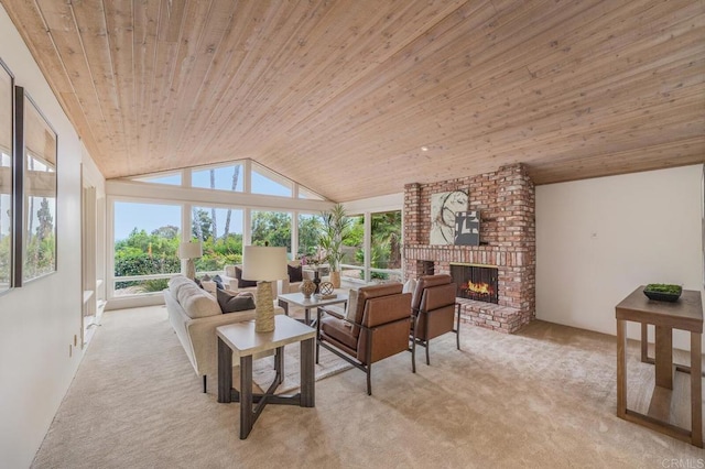 4678 Sun Vly, Del Mar, CA 92014 - living room featuring wooden ceiling, light carpet, a fireplace, and vaulted ceiling