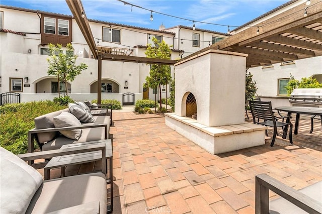 1446 Azalea Cir, Gardena, CA 90247 - view of patio / terrace with a pergola, an outdoor living space with a fireplace, grilling area, and outdoor dining area