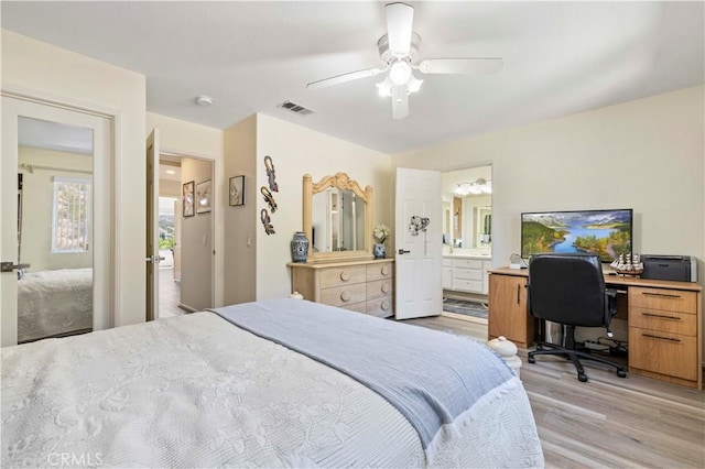 29508 Alyssum Ln, Canyon Country, CA 91387 - bedroom featuring light wood finished floors, connected bathroom, an office area, and a ceiling fan
