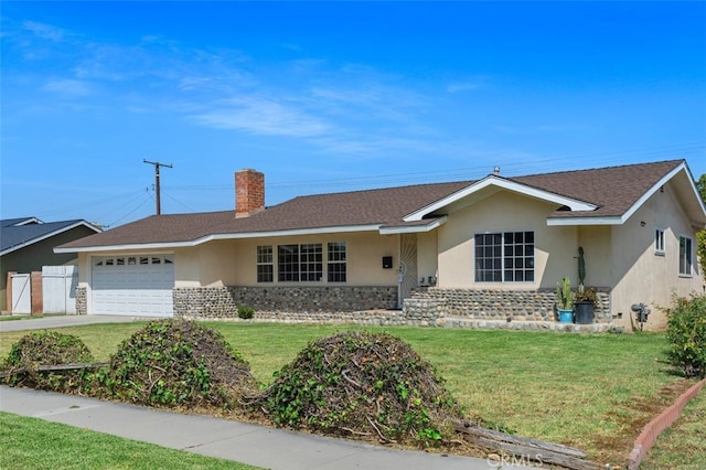 1329 S St Malo St, West Covina, CA 91790 - single story home with stucco siding, a garage, a front yard, a chimney, and stone siding
