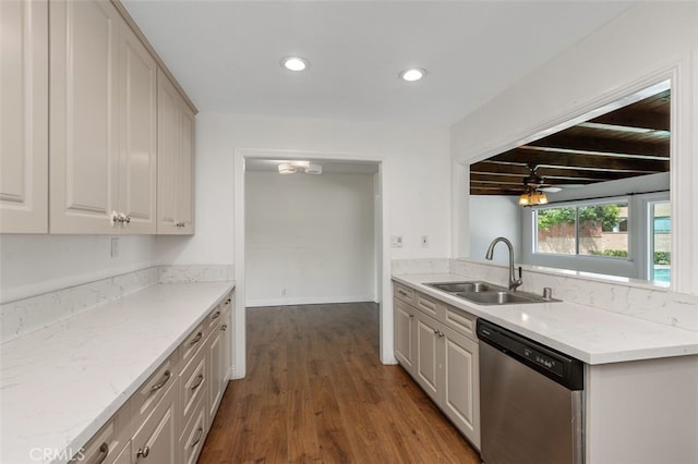 1329 S St Malo St, West Covina, CA 91790 - kitchen with stainless steel dishwasher, dark wood-style floors, recessed lighting, beamed ceiling, and white cabinetry