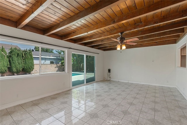 1329 S St Malo St, West Covina, CA 91790 - unfurnished room featuring a wood ceiling with exposed beams, light tile patterned floors, and a ceiling fan
