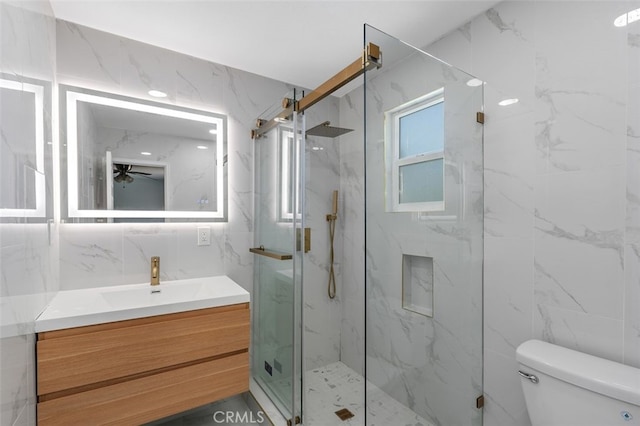 1329 S St Malo St, West Covina, CA 91790 - full bath with tile walls, vanity, a marble finish shower, and ceiling fan