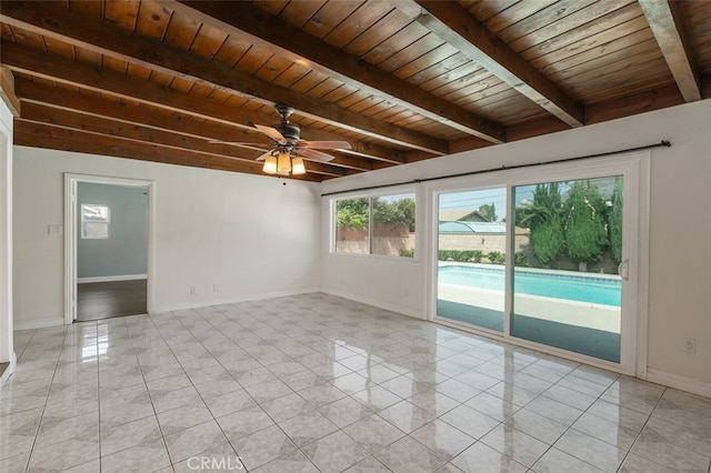 1329 S St Malo St, West Covina, CA 91790 - empty room featuring a wooden ceiling with exposed beams, light tile patterned floors, and ceiling fan