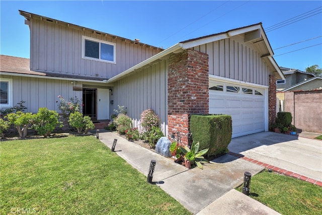6804 Elm, Cypress, CA 90630 - traditional-style home with board and batten siding, a front lawn, a garage, concrete driveway, and brick siding
