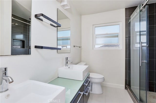 6804 Elm, Cypress, CA 90630 - bathroom featuring a shower stall, double vanity, and tile patterned flooring
