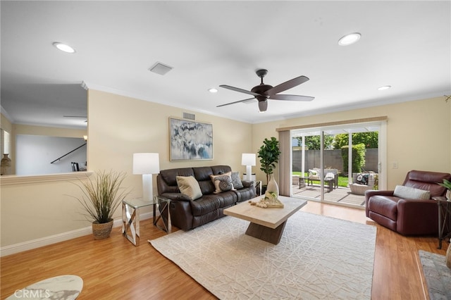 16660 Spruce Cir, Fountain Valley, CA 92708 - living area featuring ornamental molding, wood finished floors, a ceiling fan, and recessed lighting