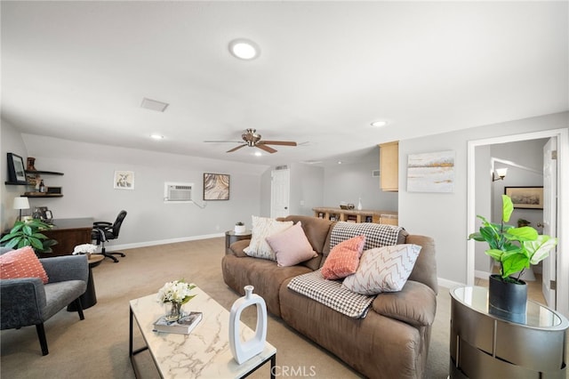 16660 Spruce Cir, Fountain Valley, CA 92708 - living room with light carpet, ceiling fan, and recessed lighting