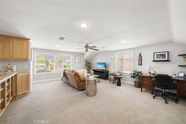 16660 Spruce Cir, Fountain Valley, CA 92708 - living room with light carpet, an office area, a ceiling fan, and recessed lighting