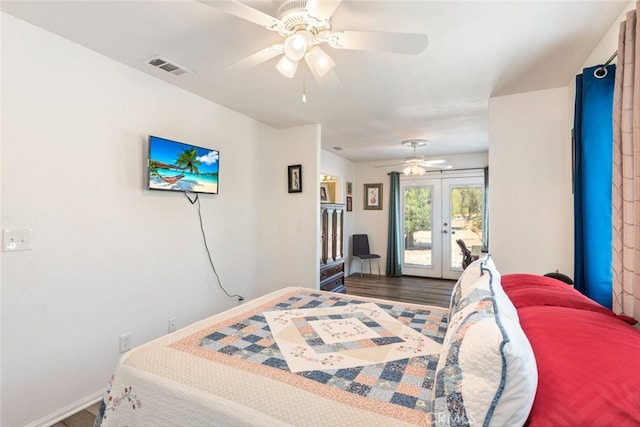 26866 Oakmont Dr, Menifee, CA 92586 - bedroom featuring french doors, access to exterior, wood finished floors, and a ceiling fan