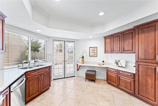 28082 Palmetto Ct, Laguna Niguel, CA 92677 - kitchen featuring dishwasher, light countertops, light tile patterned flooring, recessed lighting, and a tray ceiling