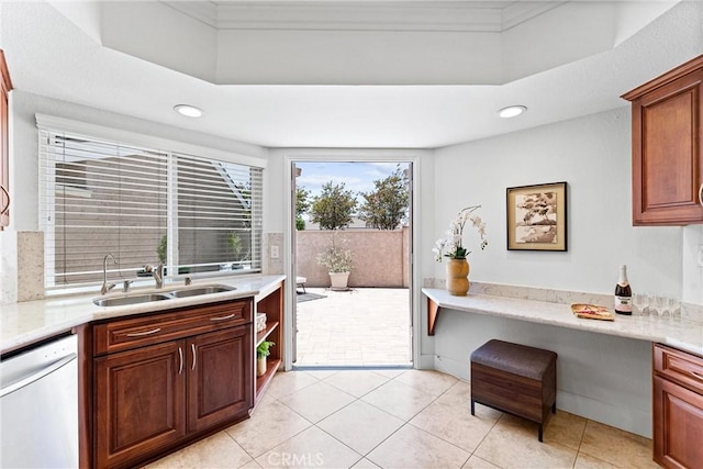 28082 Palmetto Ct, Laguna Niguel, CA 92677 - kitchen with dishwashing machine, recessed lighting, light countertops, light tile patterned floors, and a raised ceiling