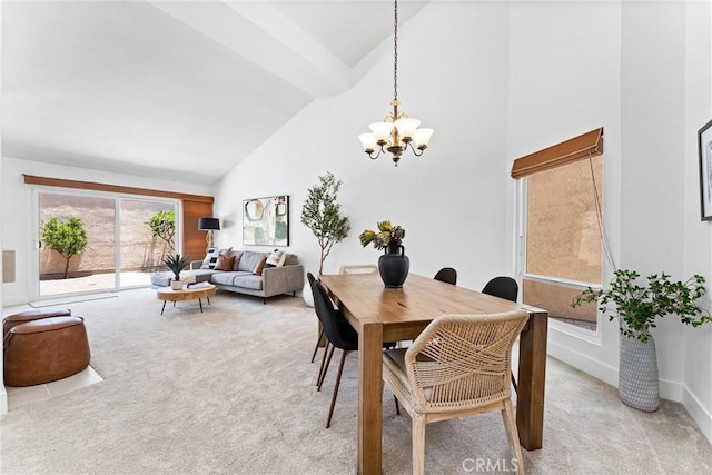 28082 Palmetto Ct, Laguna Niguel, CA 92677 - dining room with a chandelier, light colored carpet, and high vaulted ceiling