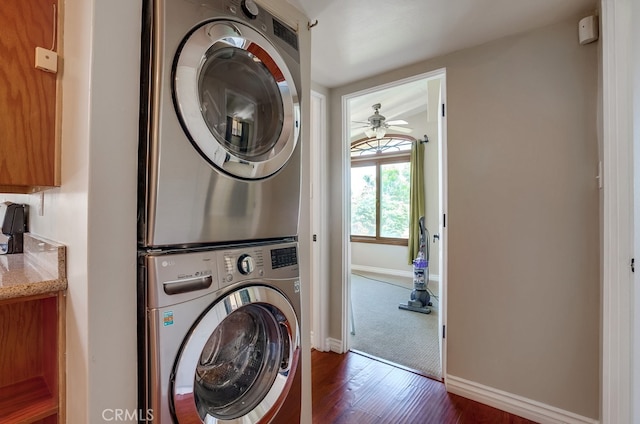 20606 Skouras Dr, Winnetka, CA 91306 - washroom with estacked washer and dryer, a ceiling fan, and dark wood-style floors
